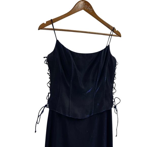 Beautiful Cache Dress Shiny Iridescent Blue Full Length 4 Vintage Lace Sides - Picture 2 of 9